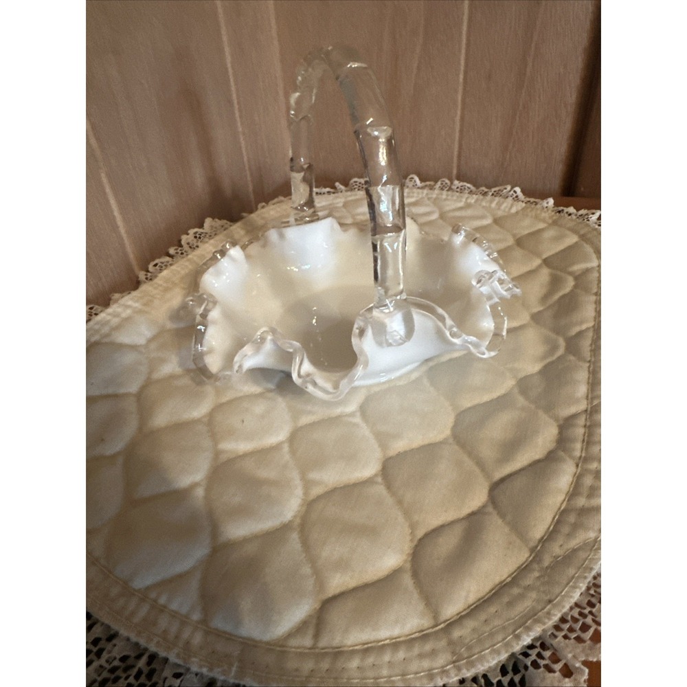 FENTON Milk Glass Silver Crest LARGE Ruffled Spanish Lace Brides Basket